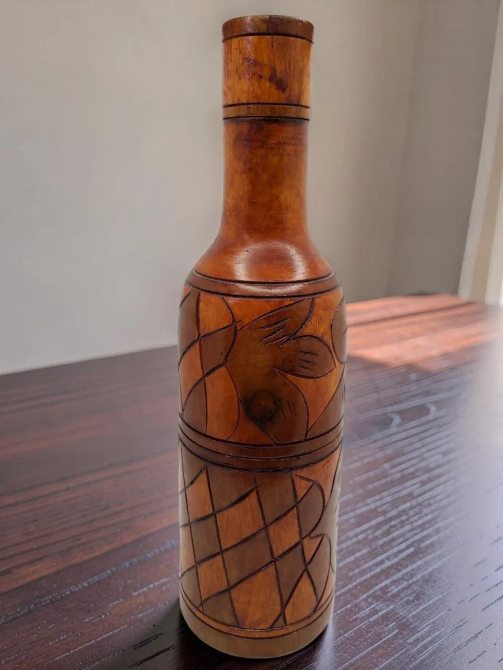 vintage mexico hand-carved 3 section wood wine bottle carrier case/carafe